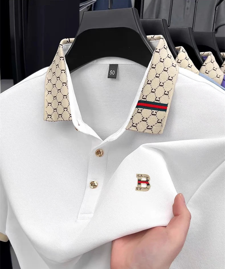 Men's Luxury Color Block Polo Shirt - Embossed Letter Short Sleeve Breathable Summer Fashion Top
