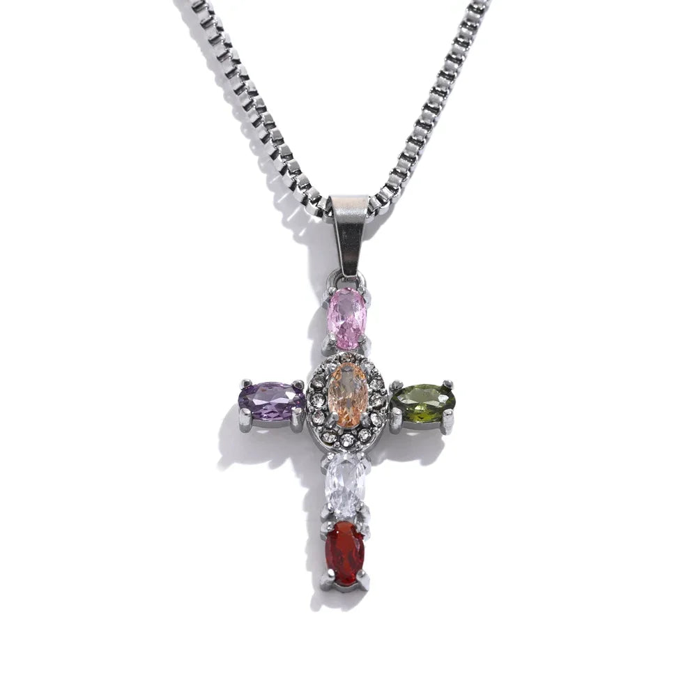 Yhpup Colorful Cubic Zirconia Cross Pendant Stainless Steel Luxury Necklace – Shiny Fashion Jewelry Gift for Women