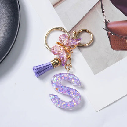 A-Z Initial Letter Sequin Keychain - Purple Butterfly Tassel Resin Keyring Backpack Charm Gift