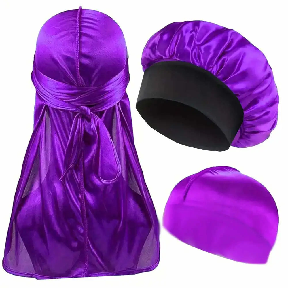 3PCS Durag & Satin Bonnet Set - Solid Color Night Cap and Lightweight Dome Hat Hair Accessories