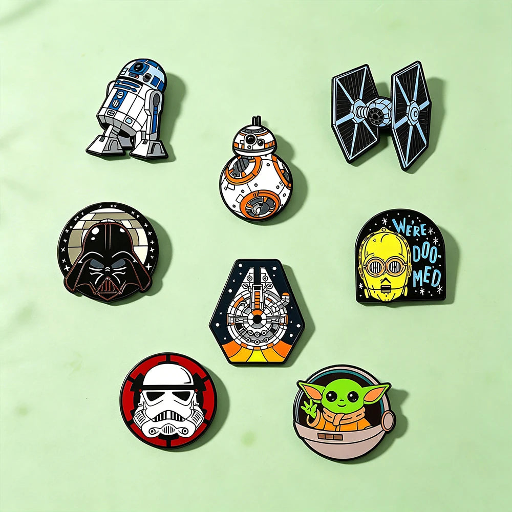 8-Piece Star Wars Enamel Brooch Set - R2-D2, BB-8, Darth Vader, Stormtrooper, and TIE Fighter Metal Pins for Backpacks and Accessories