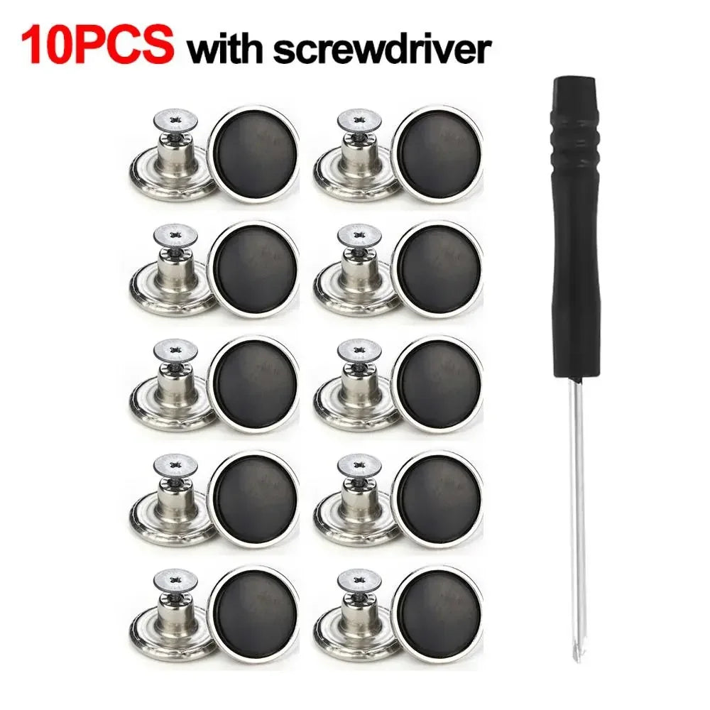 10Pcs 17mm Metal Jeans Buttons – No-Sew Screw Replacement Repair Kit for Pants & Denim
