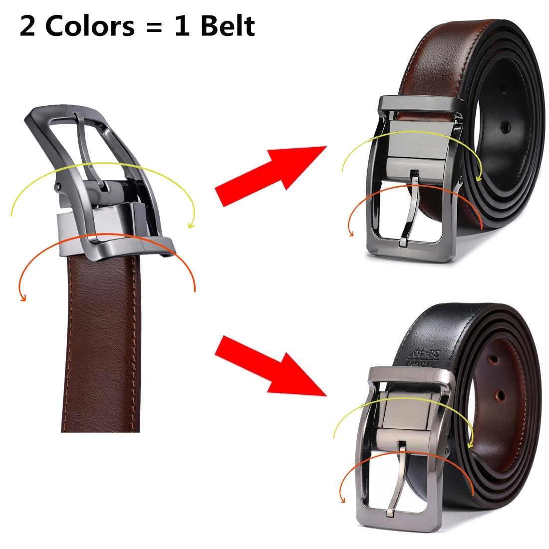 Men’s Genuine Leather Reversible Belt – 2-in-1 Rotated Buckle for Big & Tall Sizes