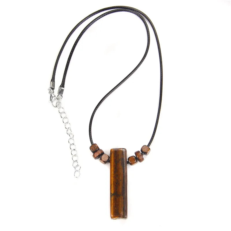 Men's Vintage Rectangle Obsidian Pendant Necklace – Natural Tiger Eye & Labradorite Gem, Leather Rope Braid Healing Jewelry