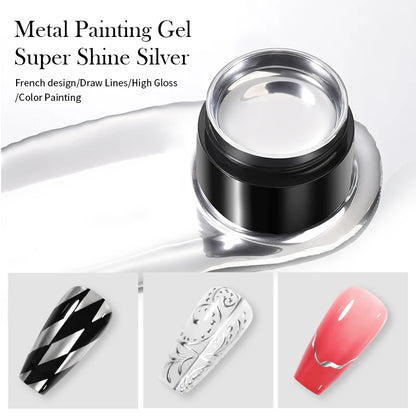 BORN PRETTY 5ML Super Silver Metallic Gel Nail Polish - Mirror Chrome Effect, Semi-Permanent Metal Painting Gel for DIY Nails
