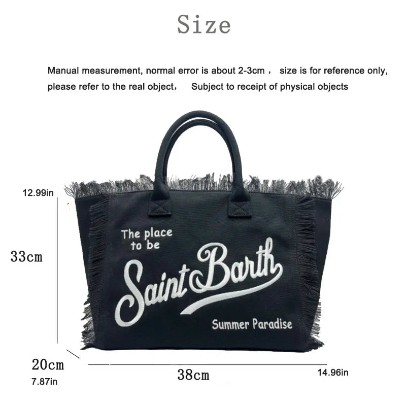 Saint Barth Large Capacity Women's Beach Handbag – European & American Style, Deep Blue Striped Tassel Tote