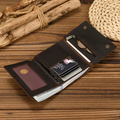 Men's Genuine Leather Short Wallet with Chain – Zipper Clutch, Trifold Purse, Card Holder & Coin Purse for Men