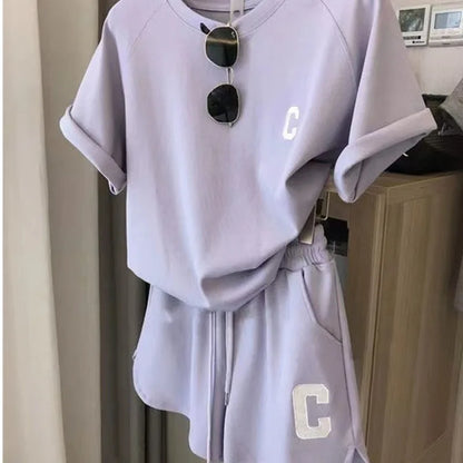 Women's 2-Piece Summer Pajamas Set – Loose Short Sleeve T-Shirt and Casual Shorts with Sports Letter Print, Large Size Homewear