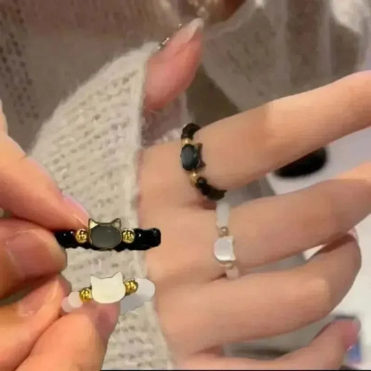 Natural Moonstone Obsidian Cat Rings - Minimalist Beaded Fidget Rings Black & White Couple Jewelry for Women & Men Party Accessories