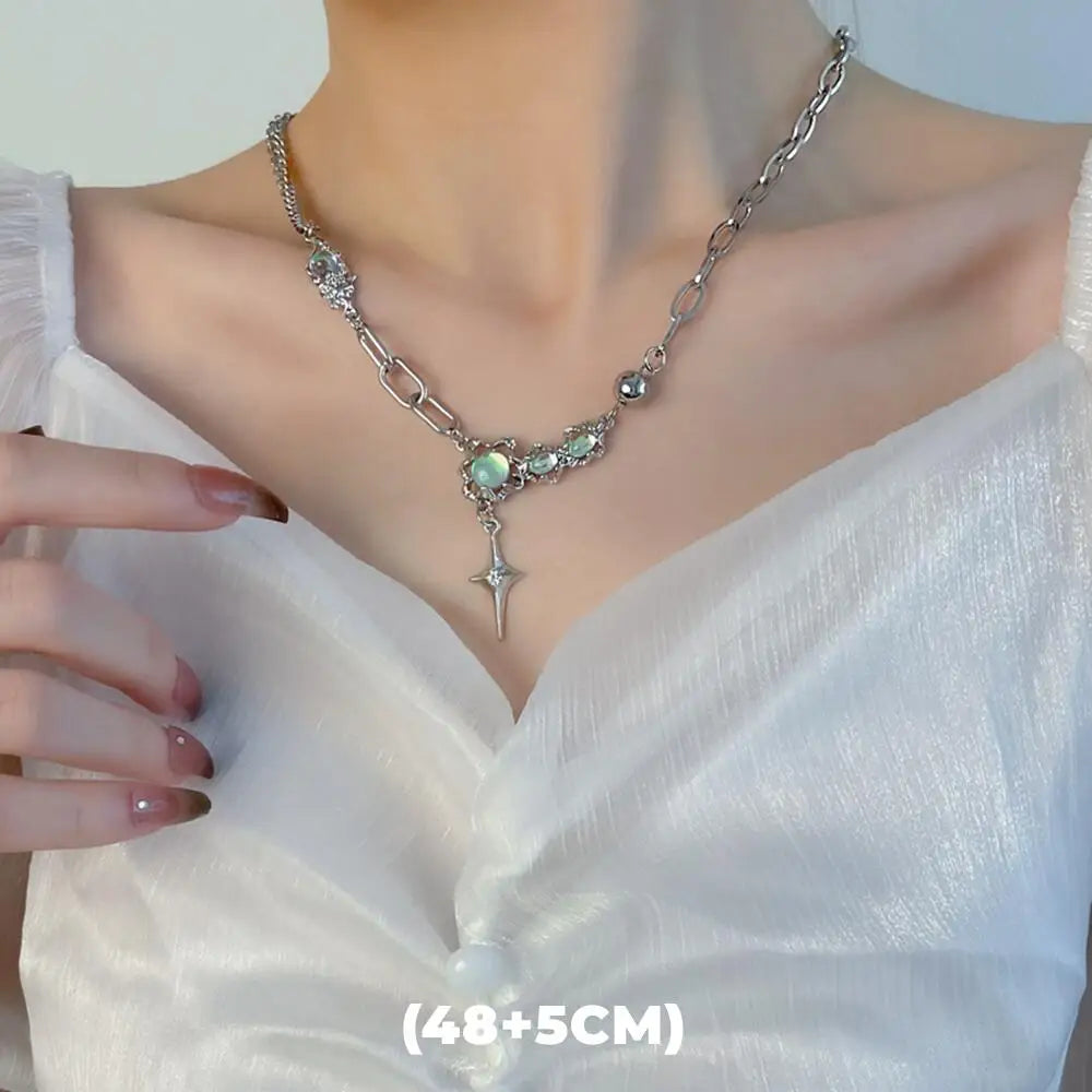 Hip Hop Zircon Star Double Layer Necklace - Titanium Steel Pendant Chain for Men & Women, Unisex Trendy Jewelry