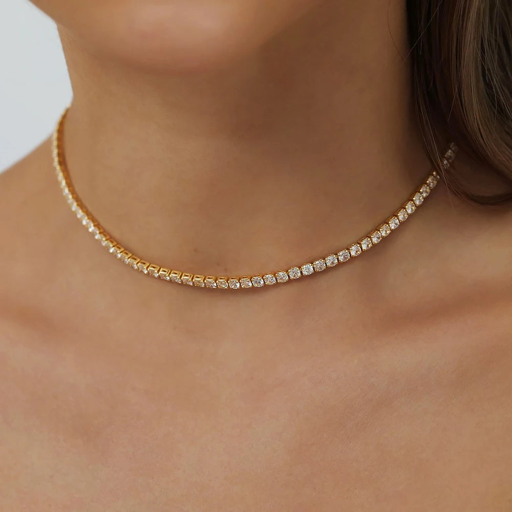 2mm Moissanite Tennis Necklace for Women – S925 Silver, 18K Gold Plated Adjustable Choker Wedding Jewelry
