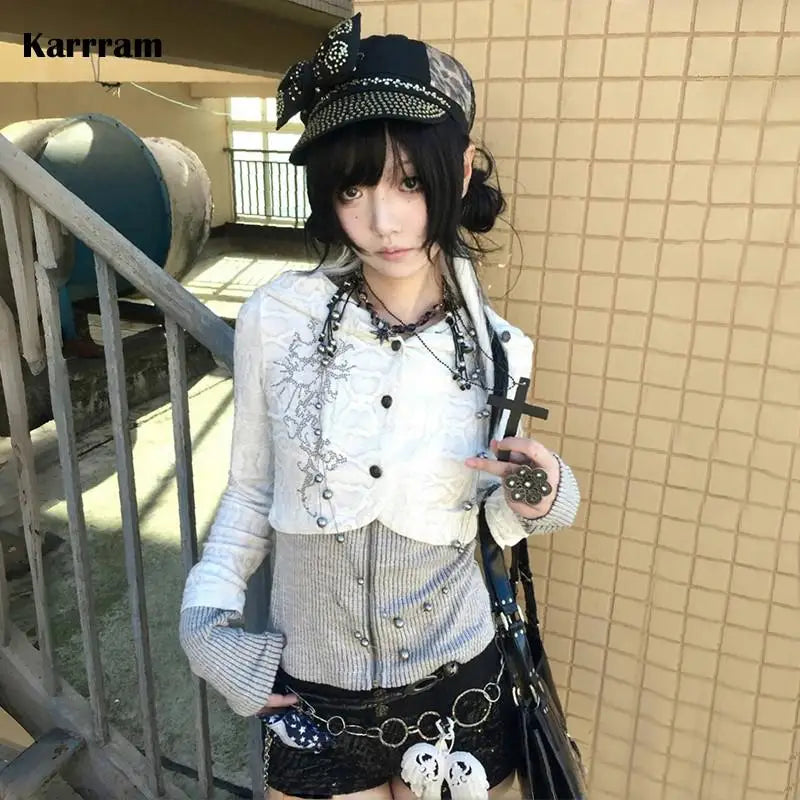 Y2K Fake Two-Piece Knitted Hooded Jacket, Vintage Harajuku Grunge Aesthetic 2000s Streetwear Top for Men & Women