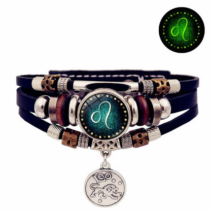 Starry Sky Zodiac Luminous Leather Bracelet - Multi-Layered Beaded Snap Closure for Men & Women, Friendship Bracelet