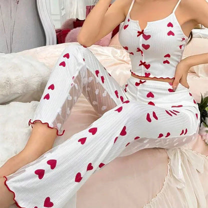 2-Piece Women’s Sexy Mesh Lace Pajama Set – Transparent Ribbed Strap Top & Pants Lounge Sleepwear