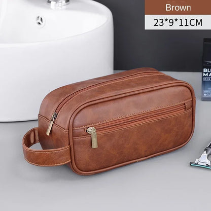Men’s Leather Travel Wash Bag – Large Capacity Portable Toiletry Cosmetic Organizer with Multi-Pocket Design for Business Trips