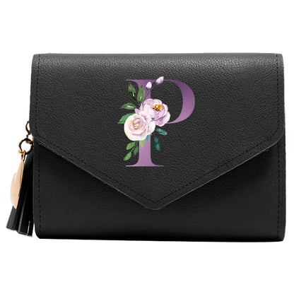 Women's RFID Leather Wallet - Compact Luxury Mini Purse With ID Window, Purple Letter Pattern & Card Holder Design