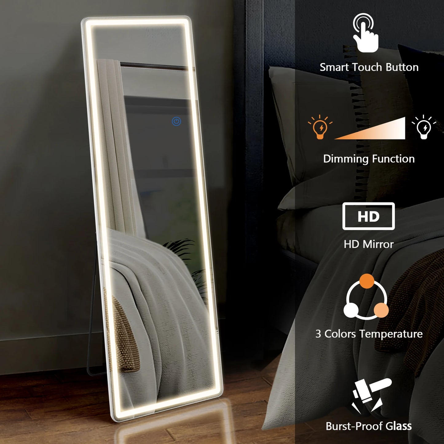 LED Full-Length Mirror – 64"x21" Standing or Wall-Mounted with Aluminum Alloy Frame for Living Room