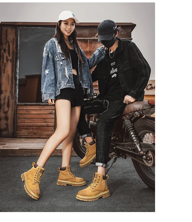 High Top Leather Boots for Men & Women – Fashion Lace-Up Outdoor Sneakers, Non-Slip Casual Ankle Shoes for Couples