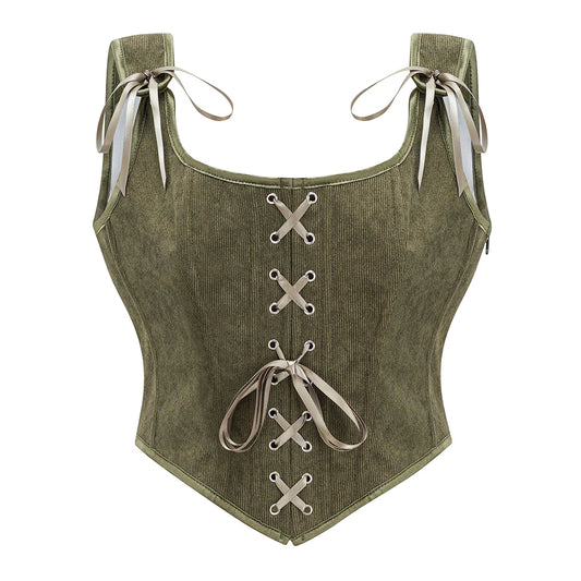 Army Green Victorian Vintage Vest – Women’s Lace-Up & Side Zipper Punk Goth Corset Tank Top