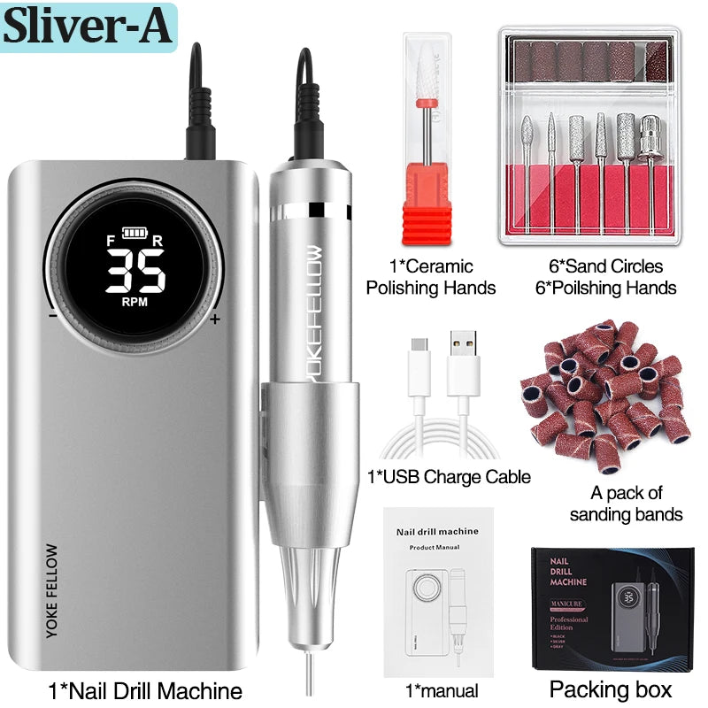 YOKEFELLOW Professional Nail Drill Kit – 35000RPM Rechargeable Electric Nail File for Manicure, Acrylic & Gel Nails