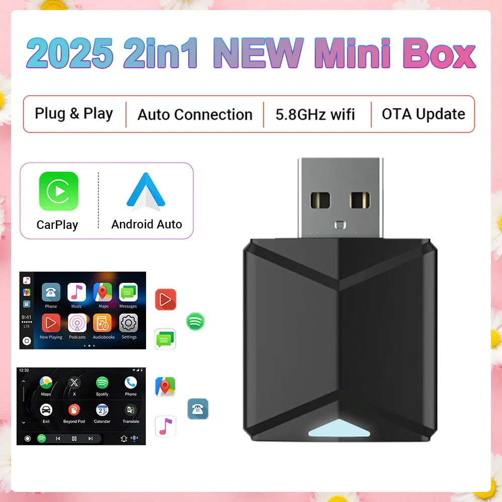 2025 New 2-in-1 Wired to Wireless CarPlay & Android Auto Adapter – Mini Plug & Play Dongle with Auto Connect, Bluetooth & WiFi