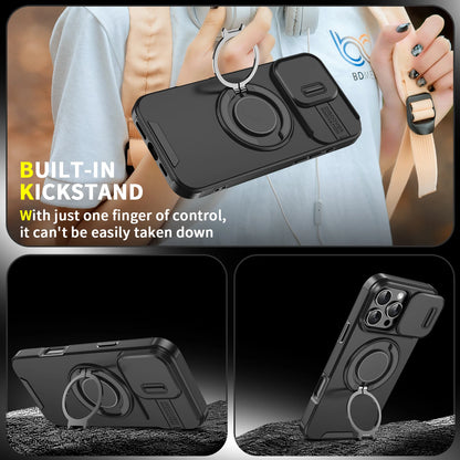 Heavy Duty Rugged Magnetic Ring Stand Case for iPhone 11–16 Pro Max Plus with Slide Camera Protection & MagSafe Compatible Cover