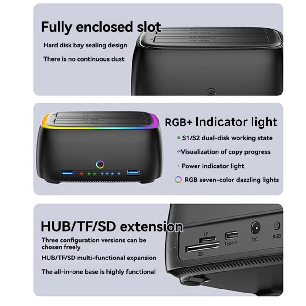7-in-1 Dual Bay Hard Drive Docking Station USB 3.0 – 5Gbps SATA HDD/SSD Clone Enclosure for 2.5" & 3.5" Drives, TF/SD Card Reader