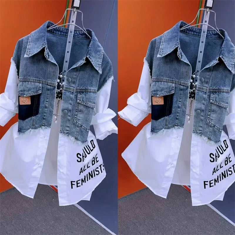 Women’s Denim Jacket – 2025 Casual Fashion, Fake Two Denim Shirts with Striped Stitching, Spring & Autumn Coat