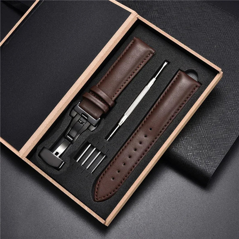 Genuine Leather Watch Strap - 18mm, 20mm, 22mm & 24mm Replacement Band with Butterfly Buckle for Men and Women