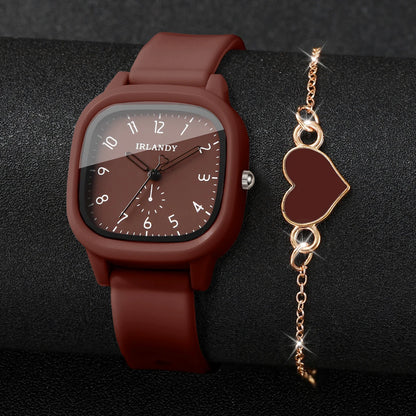 2PCS Women’s Quartz Watch & Heart Bracelet Set - Arabic Dial Square Silicone Strap Wristwatch