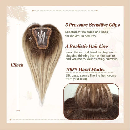 Blonde Brown Ombre Hair Topper – 100% Remy Human Hair, 12" Silk Base, 150% Density, 3-Clip Hairpiece for Women
