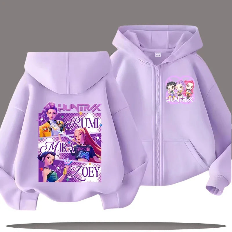 Funny Kpop Demon Hunters Zip-Up Sweatshirt – Kids Hoodie for Girls & Boys, Casual Zipper Hoody Top