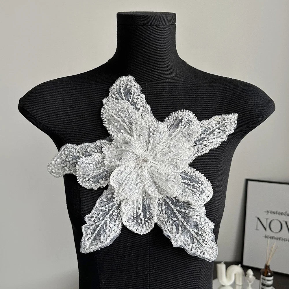 Sequin Beaded 3D Floral Lace Patches - Multi-Layered Applique for Clothing, Fabric Sewing Material, DIY Handmade for Shiny Evening Dresses