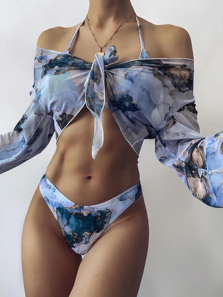 Women’s Marble Print Bandeau Bikini Set - Push Up High Waist Sport Swimsuit Beachwear