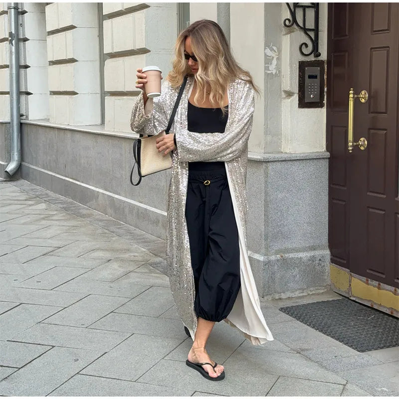 Women’s Sparkly Sequin Maxi Coat – Luxury Open Front Long Sleeve Outerwear