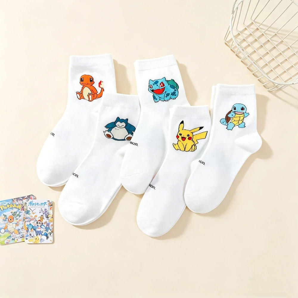 5 Pairs Women's Pokemon Cartoon Socks - Cute Cotton Mid-Calf Crew Socks with Colorful Graffiti Prints