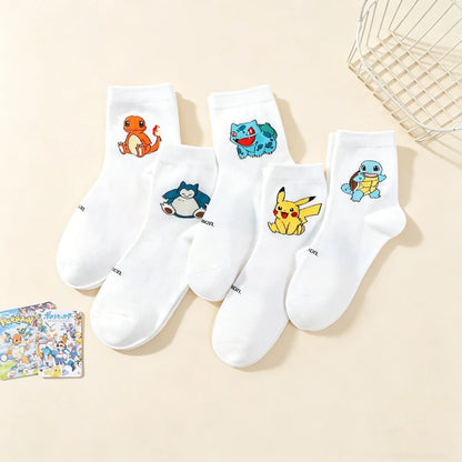 5 Pairs Women's Pokemon Cartoon Socks - Cute Cotton Mid-Calf Crew Socks with Colorful Graffiti Prints