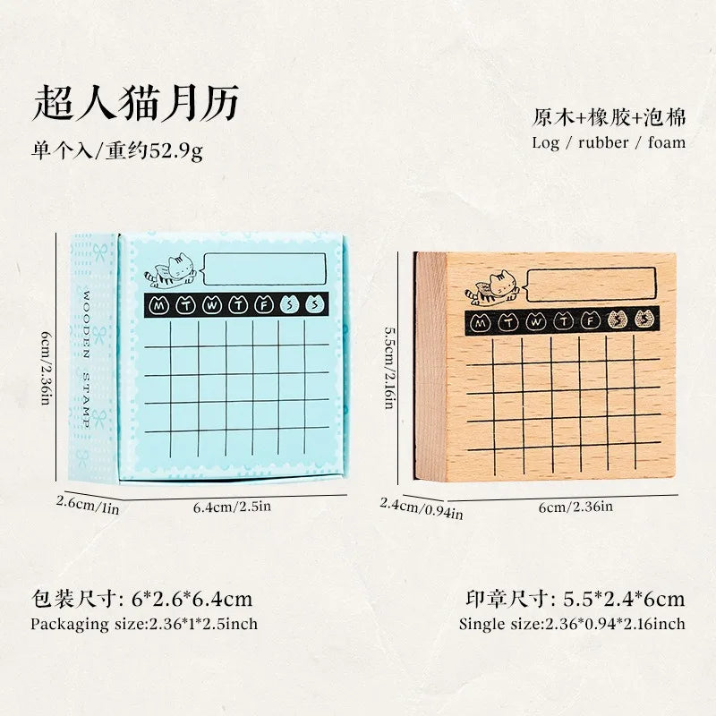 Cute Cat Wood Stamp Calendar – Daily & Monthly Planner Stamps for Journaling, Scrapbooking & DIY Crafts