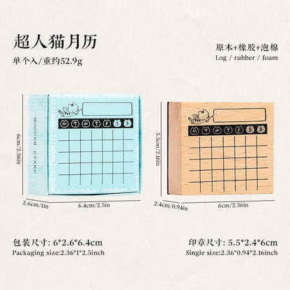 Cute Cat Wood Stamp Calendar – Daily & Monthly Planner Stamps for Journaling, Scrapbooking & DIY Crafts