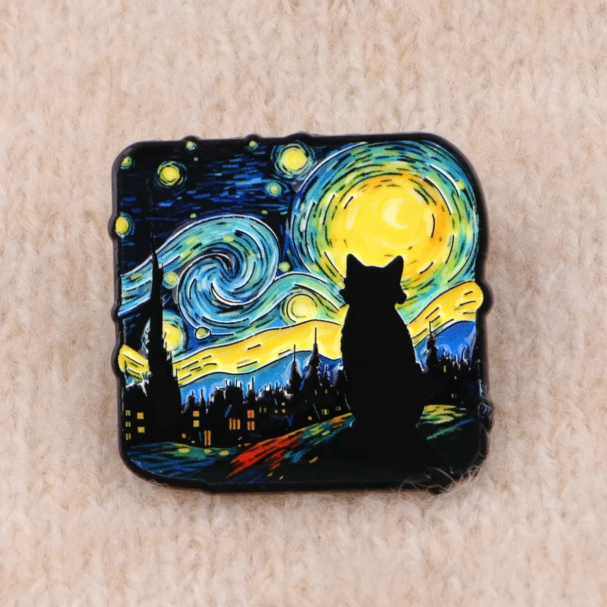 Starry Night Cat Brooch - Van Gogh-Inspired Enamel Pin Badge and Artistic Fashion Jewelry Gift