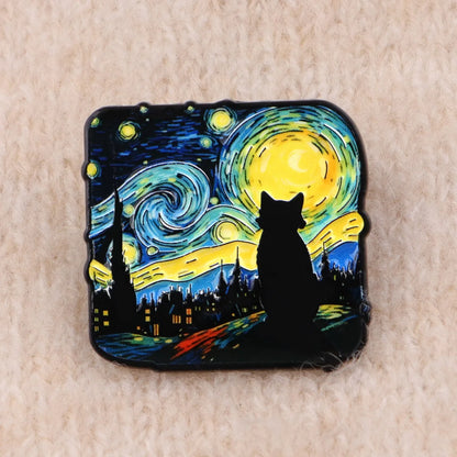 Starry Night Cat Brooch - Van Gogh-Inspired Enamel Pin Badge and Artistic Fashion Jewelry Gift
