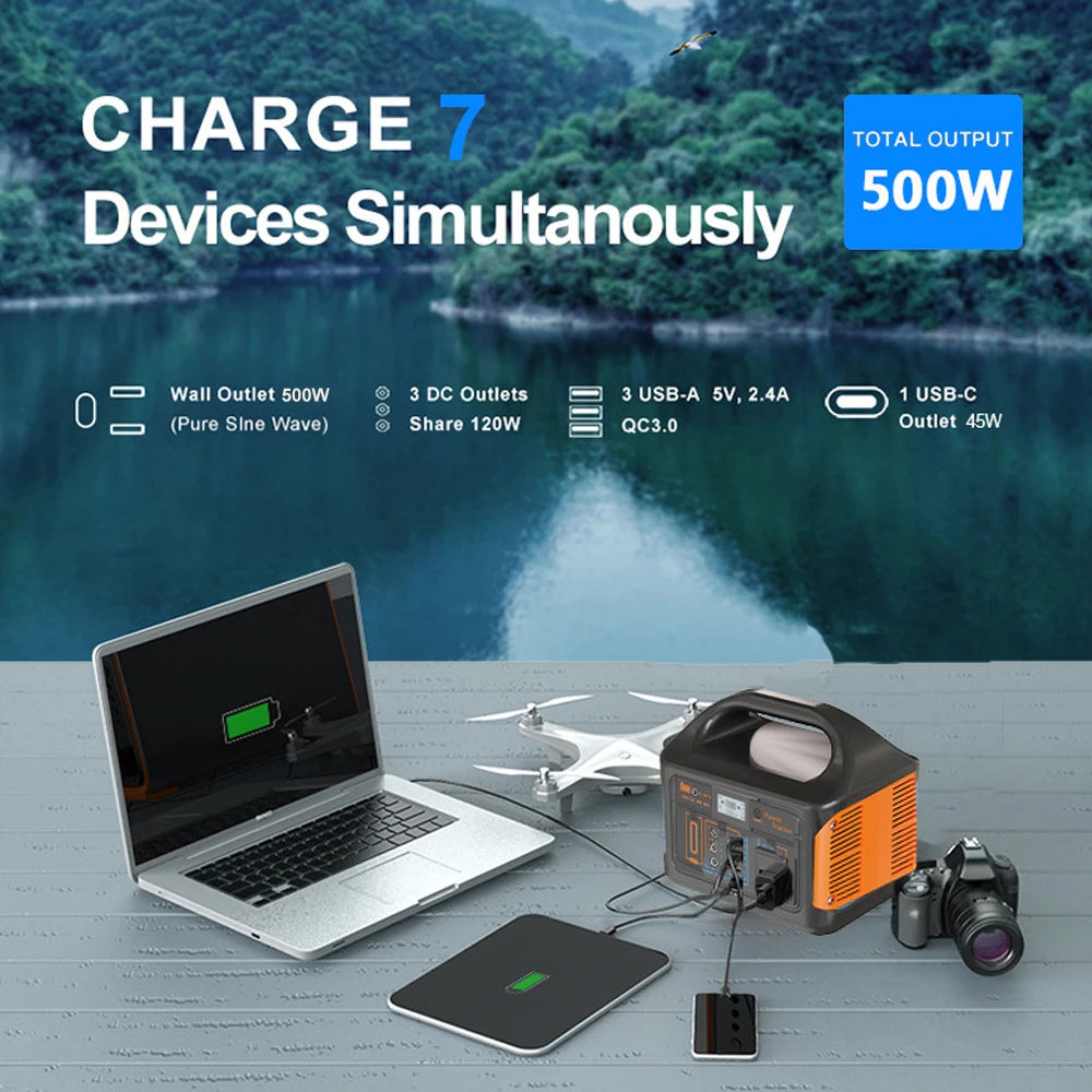 300W/500W Portable Solar Power Station – 460Wh LiFePO4 Battery Energy Storage with 110V/220V Output & LED for Camping, RV, and Travel