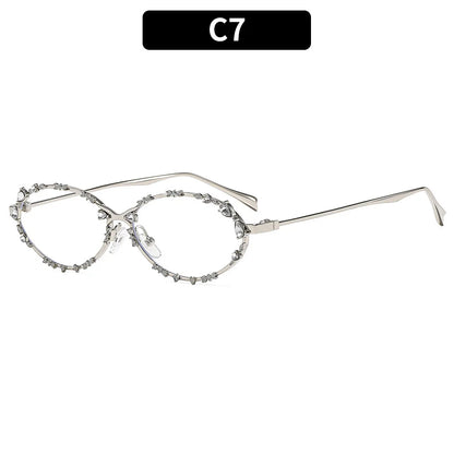 Luxury Diamond Oval Sunglasses - Rhinestone Metal Frame Fashion Eyewear for Men and Women Driving Style
