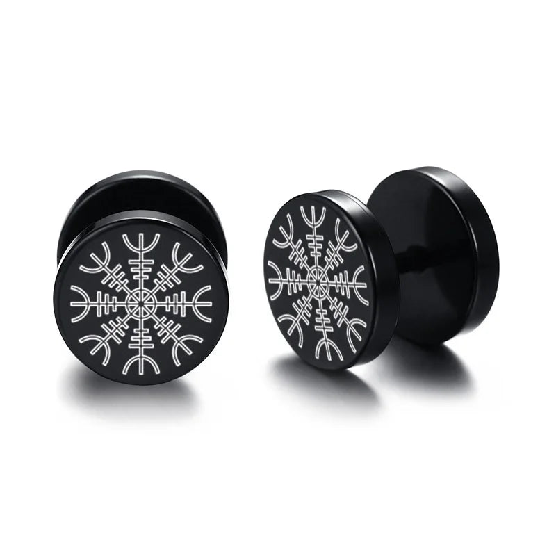 Vnox Men's Viking Black Stud Earrings - Vegvisir & Norse Valknut, Cool Punk Stainless Steel Set