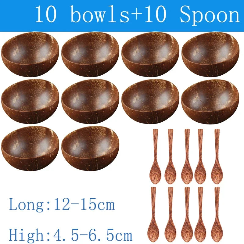 Natural Coconut Bowl with Wooden Spoon – 12–15cm Handmade Tableware for Salad, Dessert, Rice & Ramen