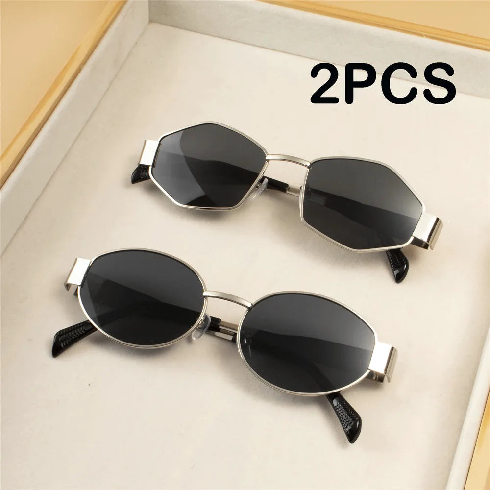 Vintage Punk Round Sunglasses 2PCS - Retro Metal Frame Fashion Eyewear for Women