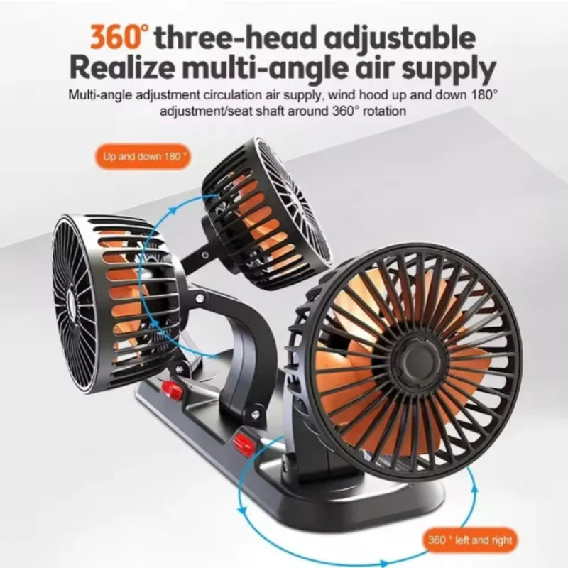 360° Adjustable 3-Head Car Fan – Silent USB 12V/24V Cooling Fan for Car, Home & Office Desk