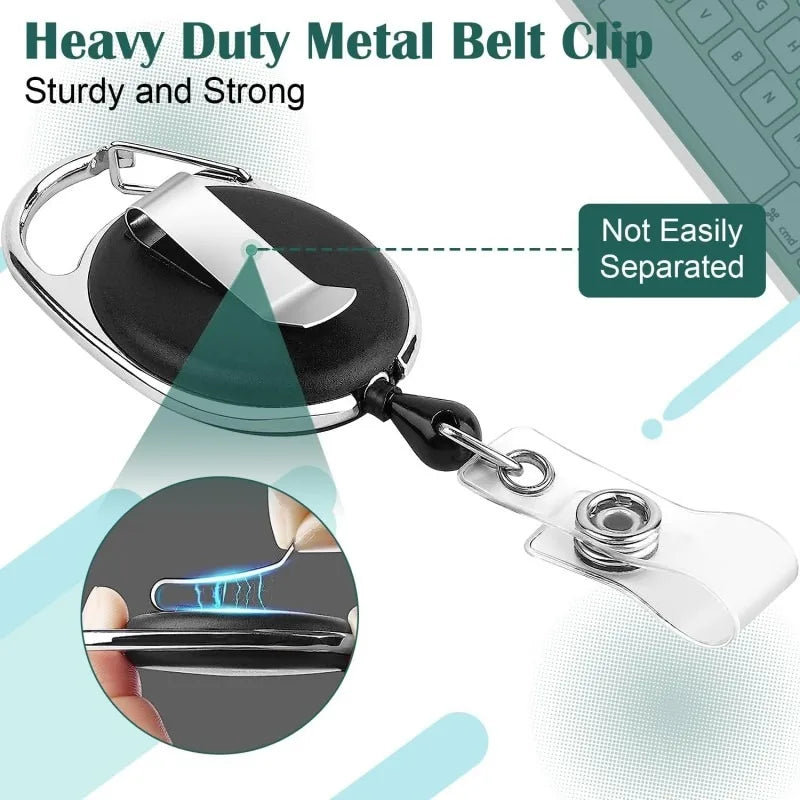 Metal Heavy Duty Retractable Badge Reel Holders: Carabiner Belt Clip with Key Ring - Ideal for ID Cards, Name Holders & Keychains