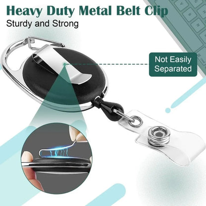 Metal Heavy Duty Retractable Badge Reel Holders: Carabiner Belt Clip with Key Ring - Ideal for ID Cards, Name Holders & Keychains