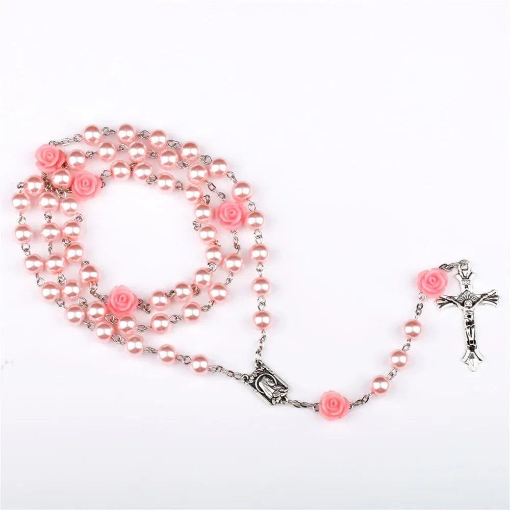 6mm Pink Rosary Necklace – Rose Glass Beads Chain with Crucifix Cross INRI Pendant, Religious Prayer Jewelry for Men & Women
